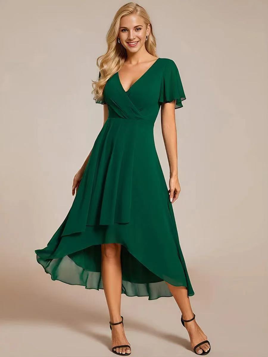 V-Neck Flutter Sleeve Chiffon High Low Midi Dress Wedding Guest