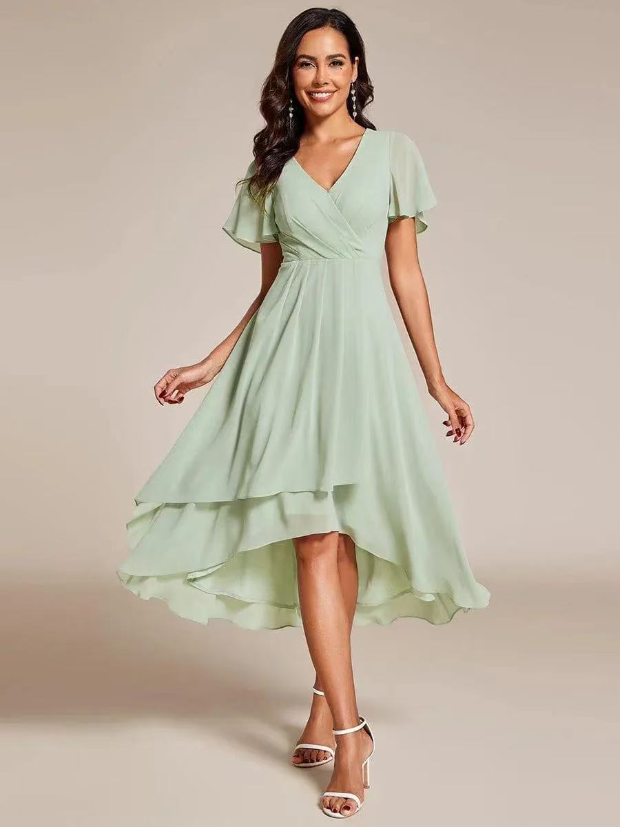 V-Neck Flutter Sleeve Chiffon High Low Midi Dress Wedding Guest