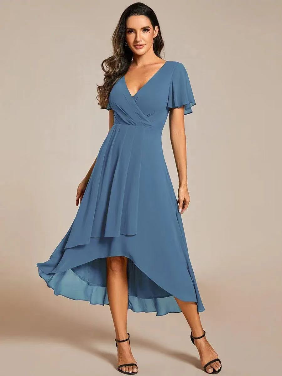 V-Neck Flutter Sleeve Chiffon High Low Midi Dress Wedding Guest