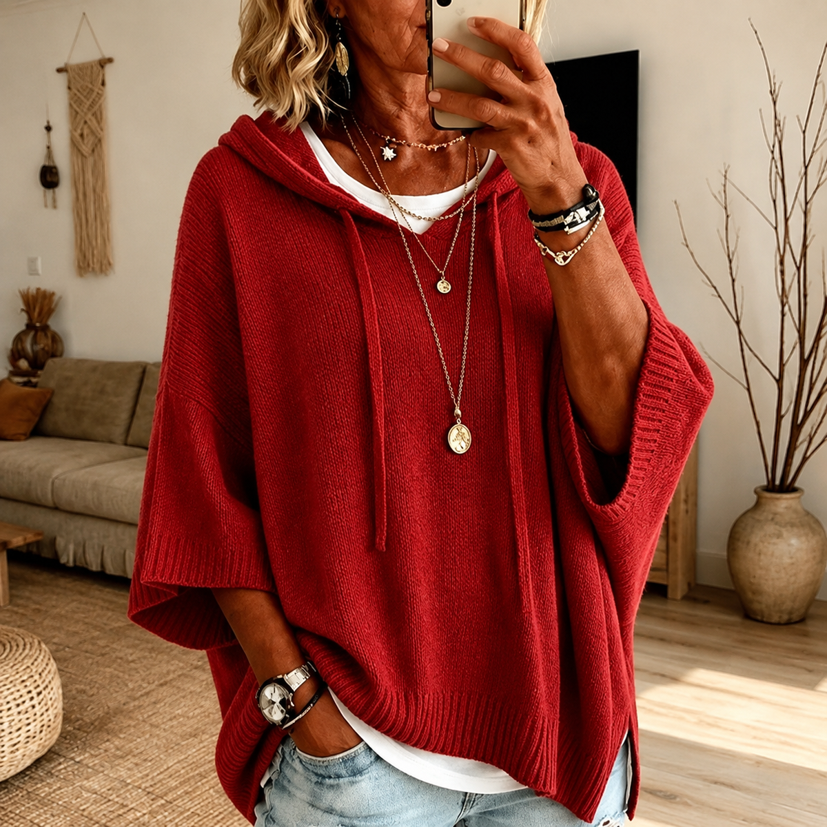 Hooded Drawstring Batwing Sleeve Knit Poncho