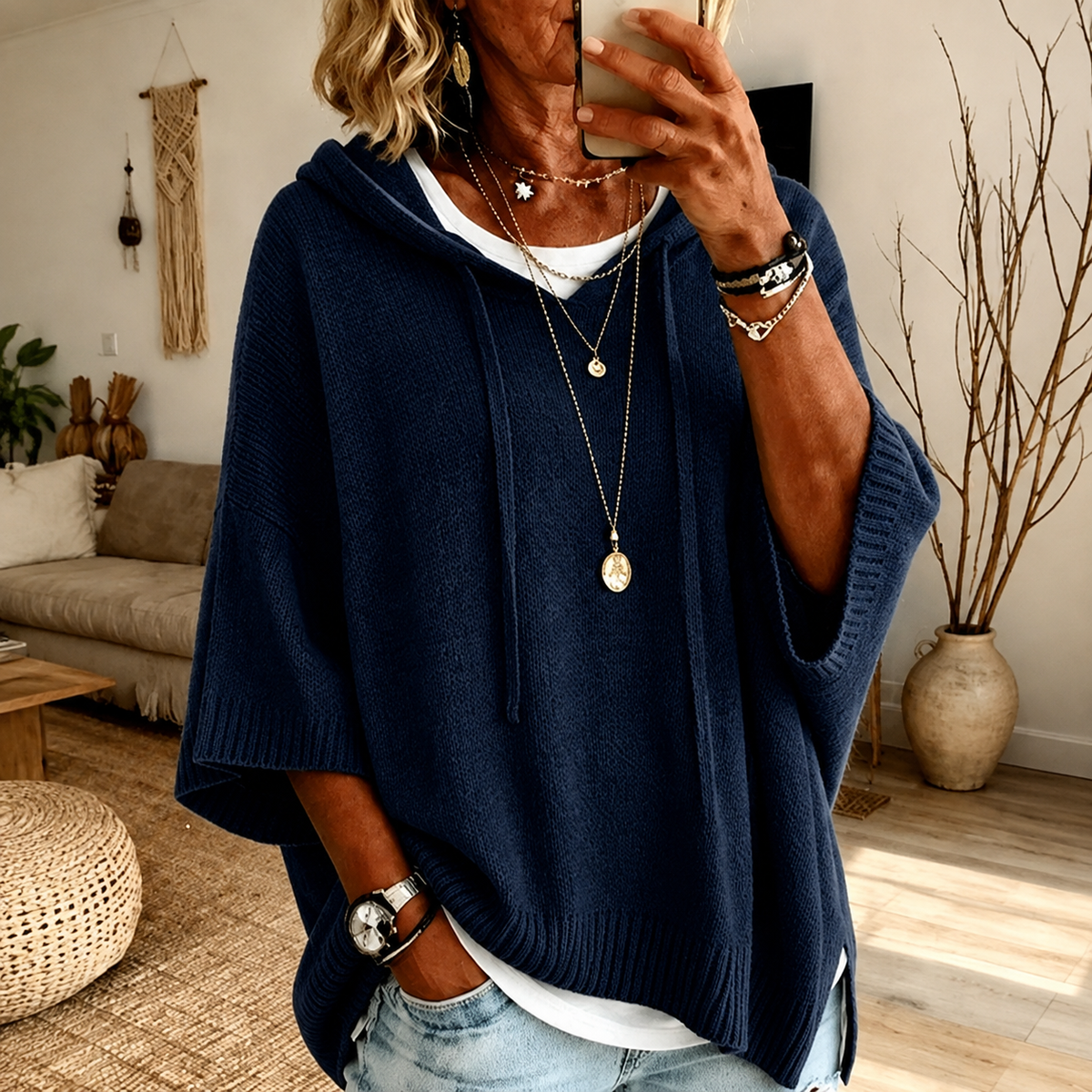 Hooded Drawstring Batwing Sleeve Poncho Sweater