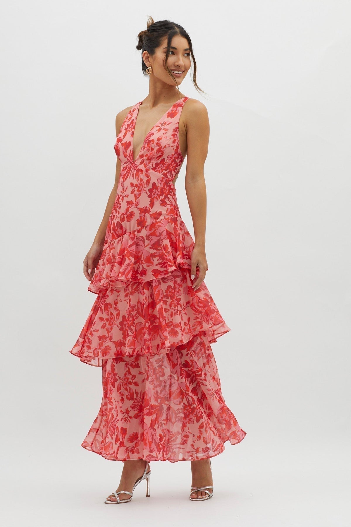 Floral Deep V-Neck Sleeveless Tiered Ruffle Maxi Dress