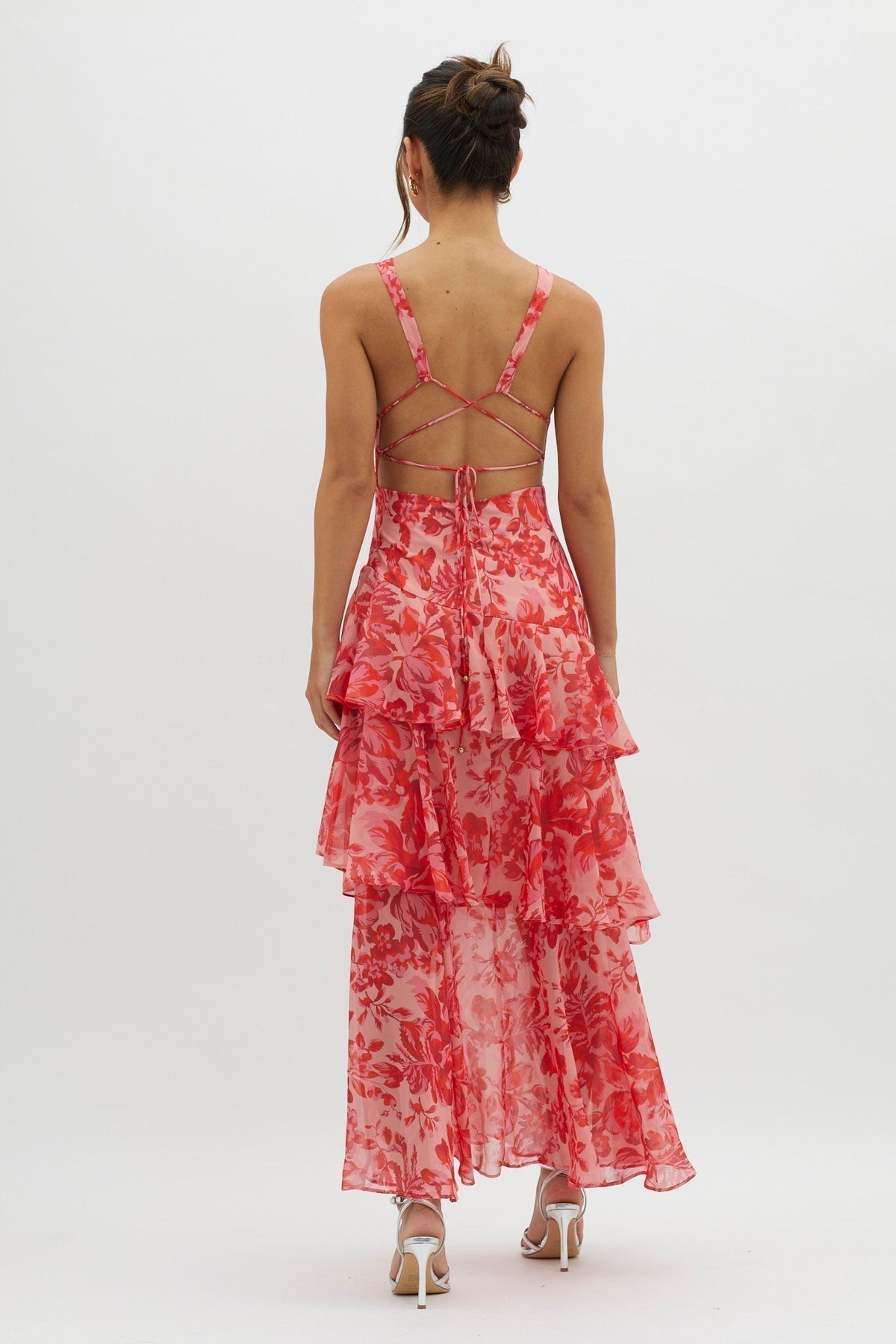 Floral Deep V-Neck Sleeveless Tiered Ruffle Maxi Dress 4