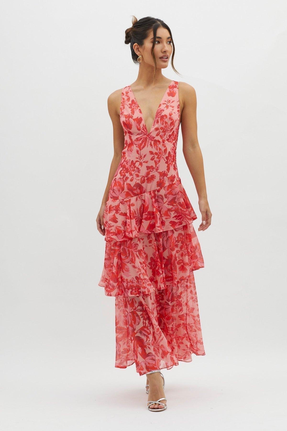 Floral Deep V-Neck Sleeveless Tiered Ruffle Maxi Dress 3