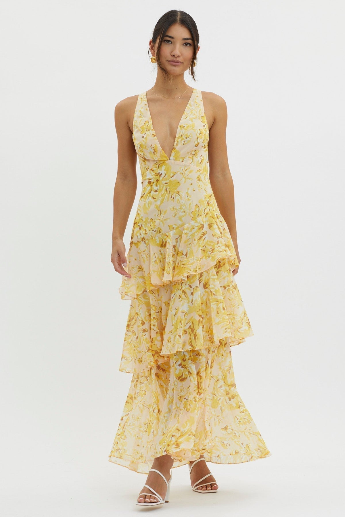 Floral Deep V-Neck Sleeveless Tiered Ruffle Maxi Dress 8