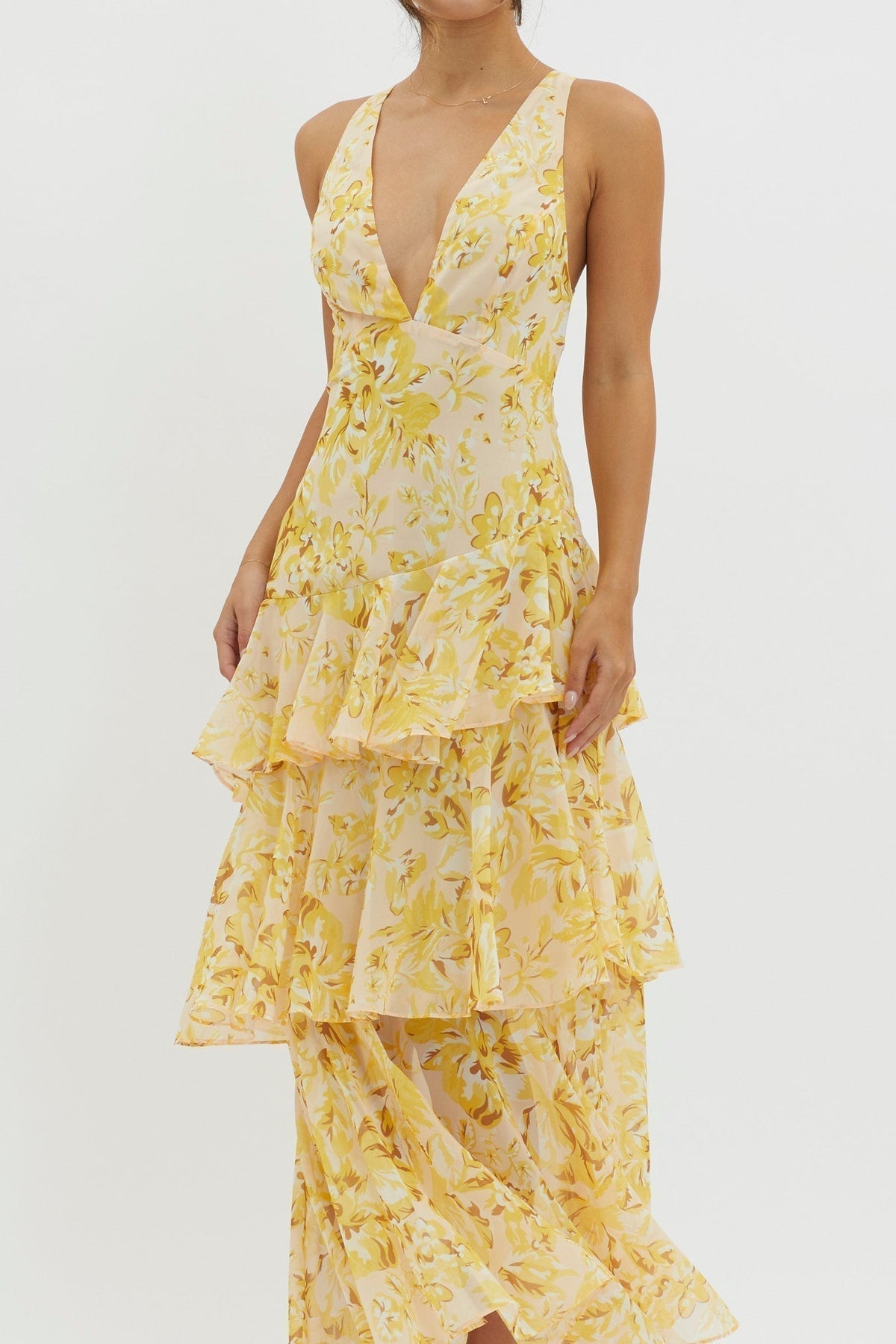 Floral Deep V-Neck Sleeveless Tiered Ruffle Maxi Dress 7