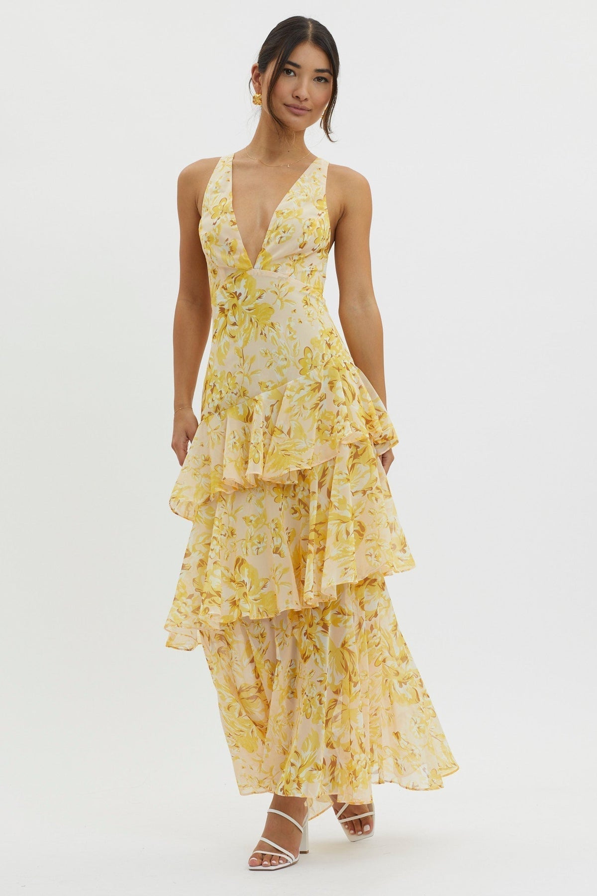 Floral Deep V-Neck Sleeveless Tiered Ruffle Maxi Dress 10