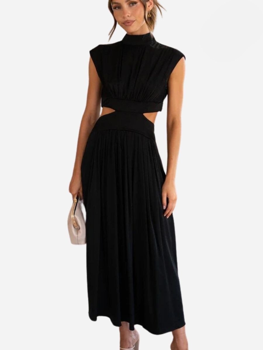 Mock Neck Sleeveless Side Cut Out Pleated A-Line Maxi Dress - View 3