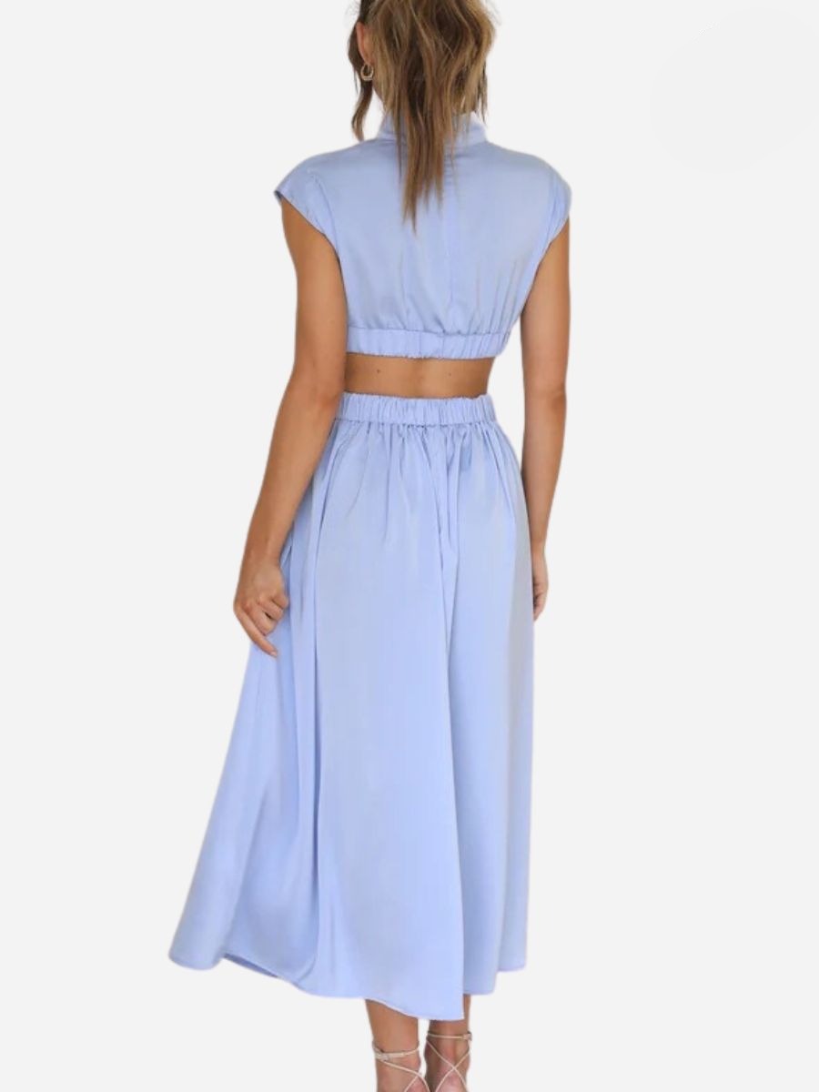 Mock Neck Sleeveless Side Cut Out Pleated A-Line Maxi Dress - View 6