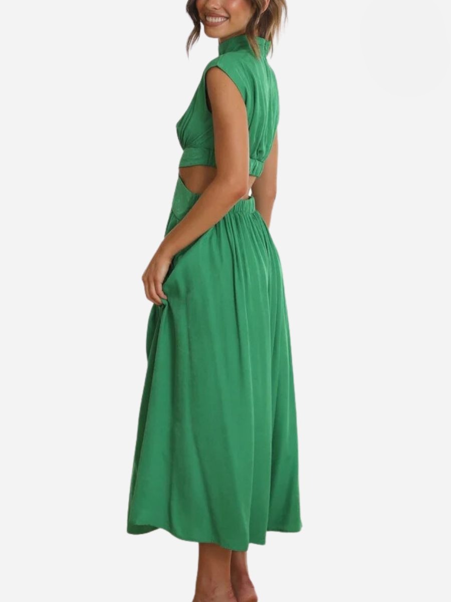 Mock Neck Sleeveless Side Cut Out Pleated A-Line Maxi Dress - View 2