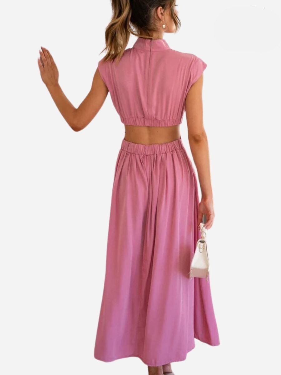 Mock Neck Sleeveless Side Cut Out Pleated A-Line Maxi Dress - View 9