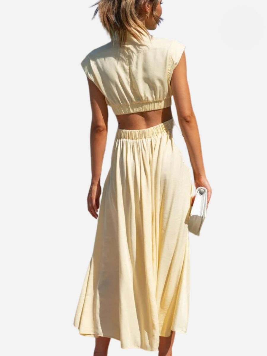 Mock Neck Sleeveless Side Cut Out Pleated A-Line Maxi Dress - View 7