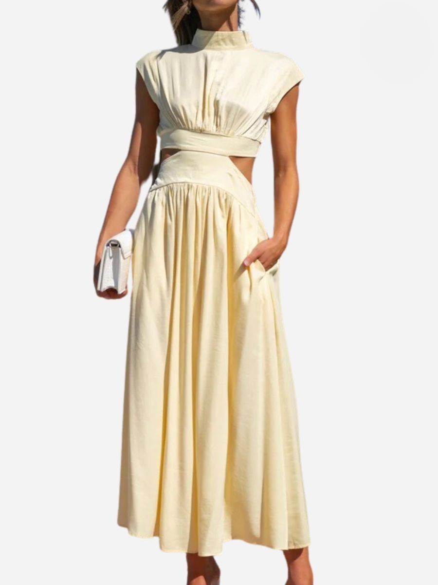 Mock Neck Sleeveless Side Cut Out Pleated A-Line Maxi Dress - View 10