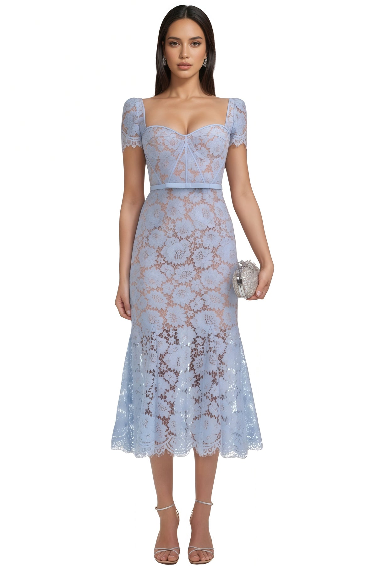 Xanea Square Neck Blue Lace Midi Dress