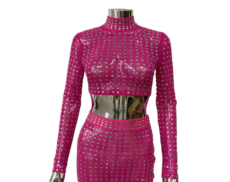 Mesh Top Skirt Sparkling Party Dress Rose Red / S Partydress-241208