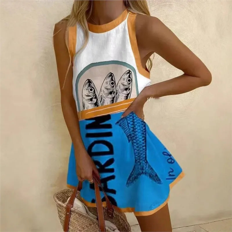 Sardine Print Halter Neck Mini Dress