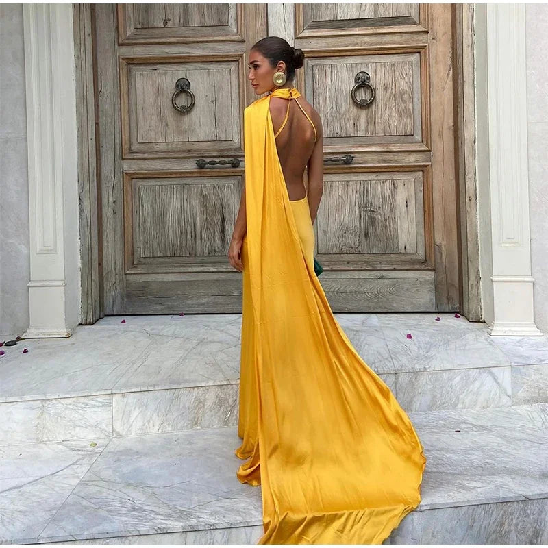 Yellow Satin Backless Lace - Up Off - Shoulder Maxi Dress - View 7