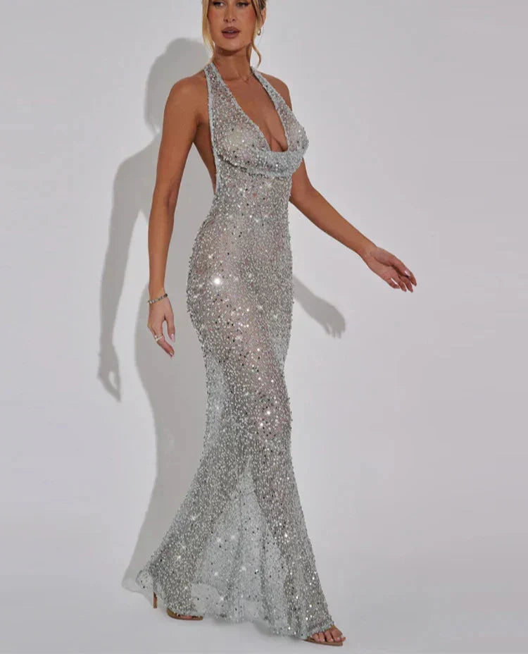 Sequin Halter Neck Deep V-Neck Backless Mermaid Maxi Dress - View 9