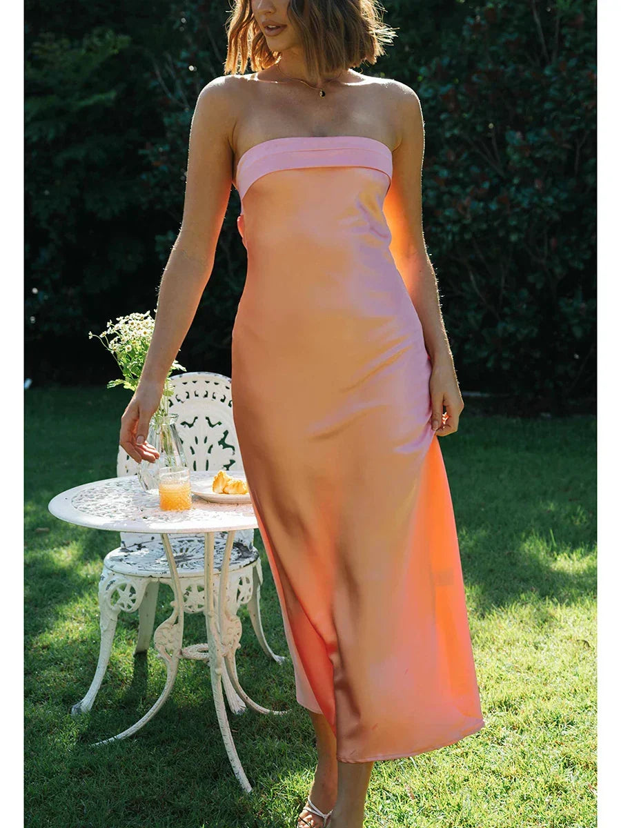 Satin Strapless Fold Over Bust Column Slip Maxi Dress - View 9