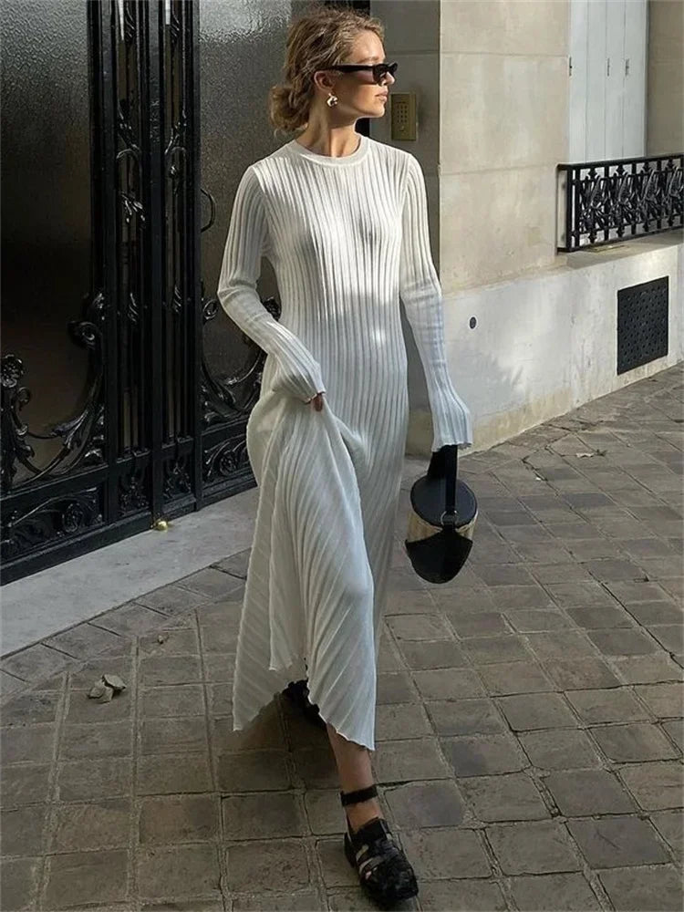 Ribbed Knit Mock Neck Bell Sleeve Bodycon Maxi Dress - View 5