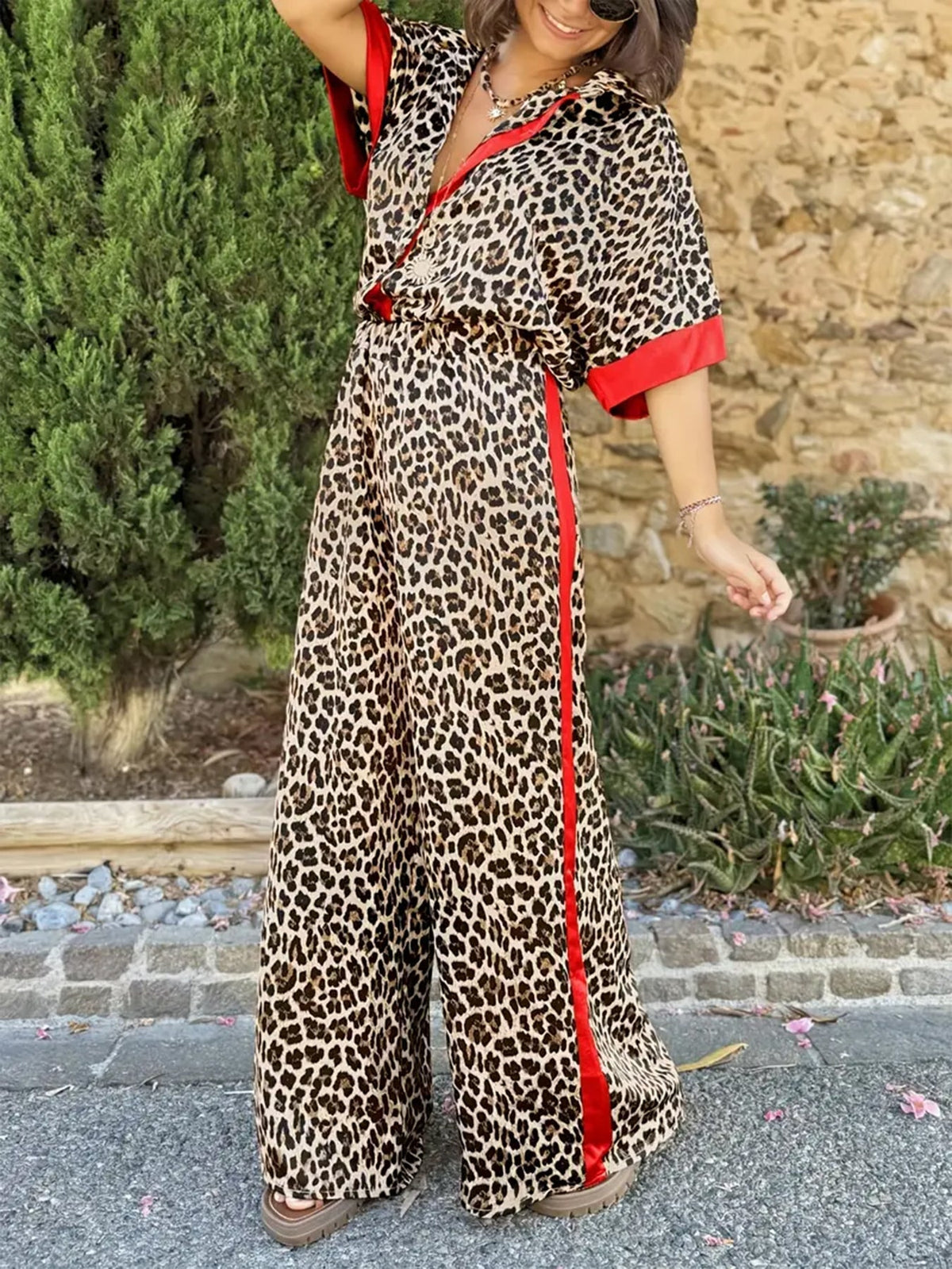 Leopard Print Contrast Trim Shirt and Wide Leg Pants Two Piece Set 2