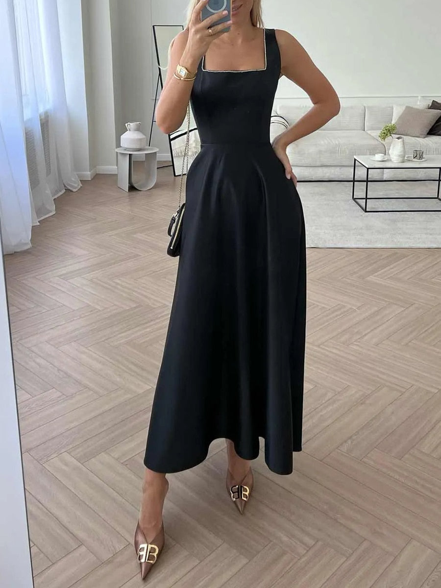 Satin Square Neck Rhinestone Trim Wide Strap Maxi Gown - View 3