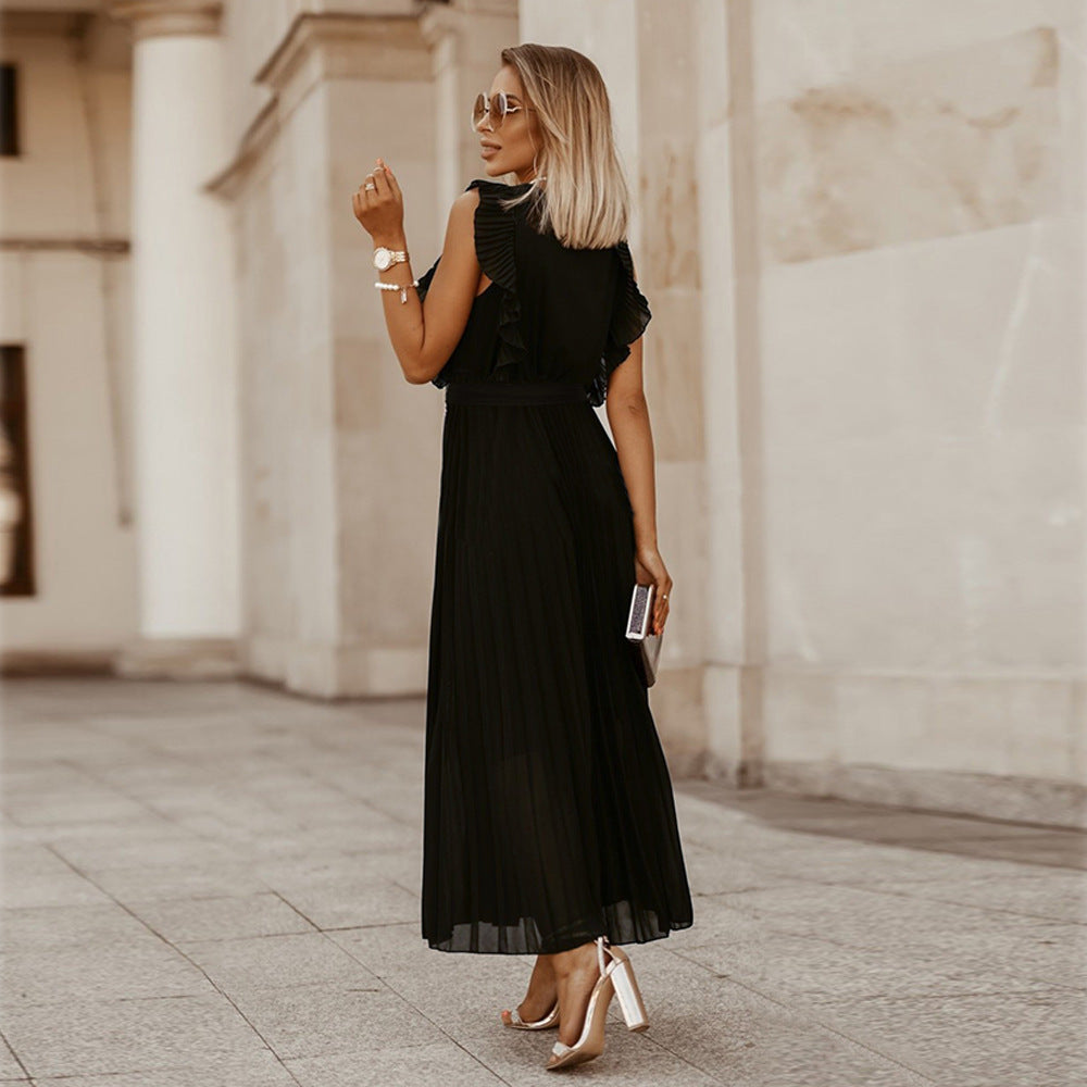 Sleeveless V-Neck Wrap Ruffle Armhole Belted Pleated Maxi Dress - View 2
