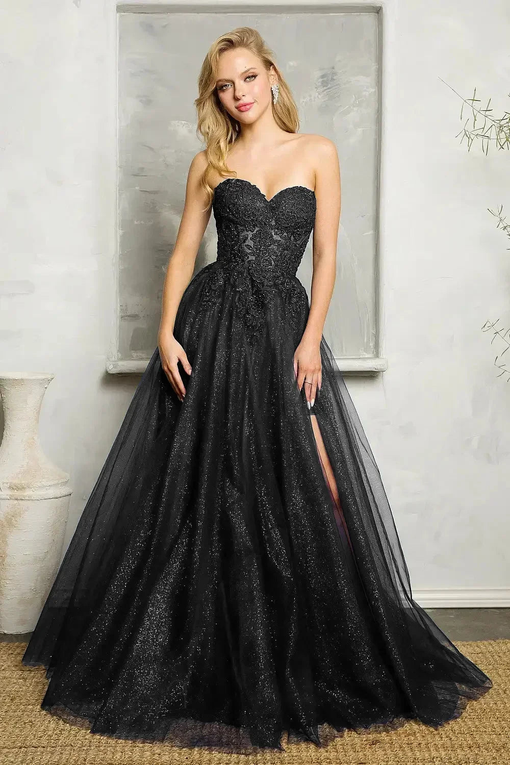 Lace Strapless Sweetheart High Split Tulle A-Line Gown - View 5