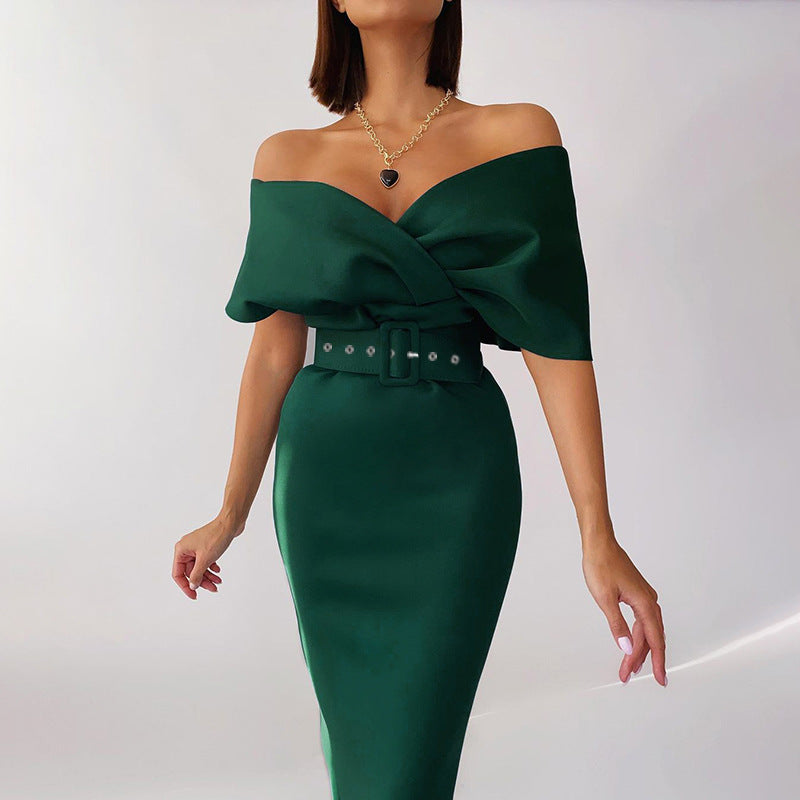 Satin Deep V-Neck Batwing Sleeve Belted Bodycon Midi Dress - View 2