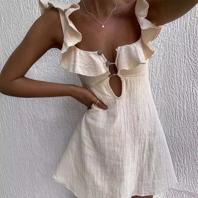 Square Neck Ruffle Button Front Cut Out Mini Summer Dress - View 4