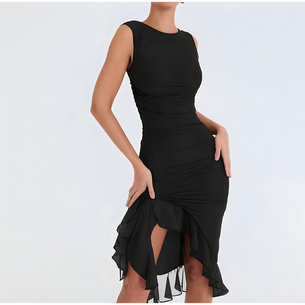 Sleeveless Crew Neck Bodycon Ruched Asymmetric Ruffle Hem Midi Dress