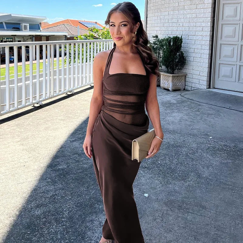 Mesh Halter Neck Backless Ruched Bodycon Maxi Dress - View 18