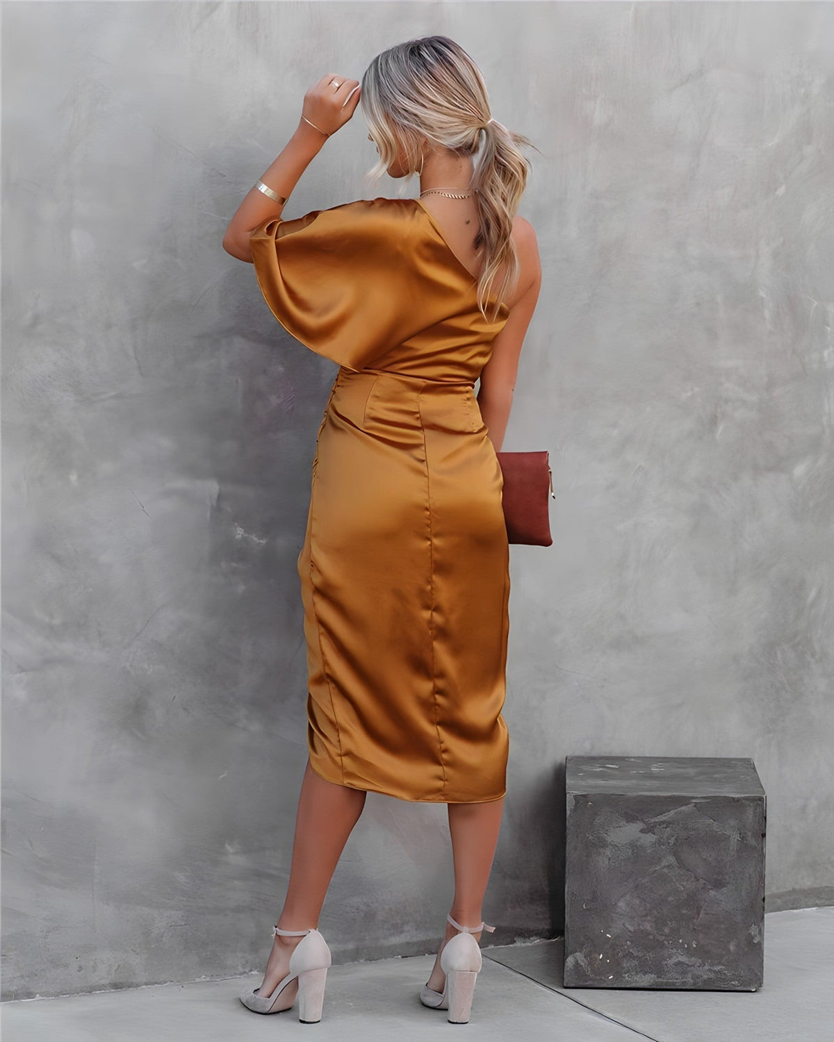One Shoulder Draped Cape Sleeve Ruched Wrap Tulip Hem Satin Midi Dress - View 14