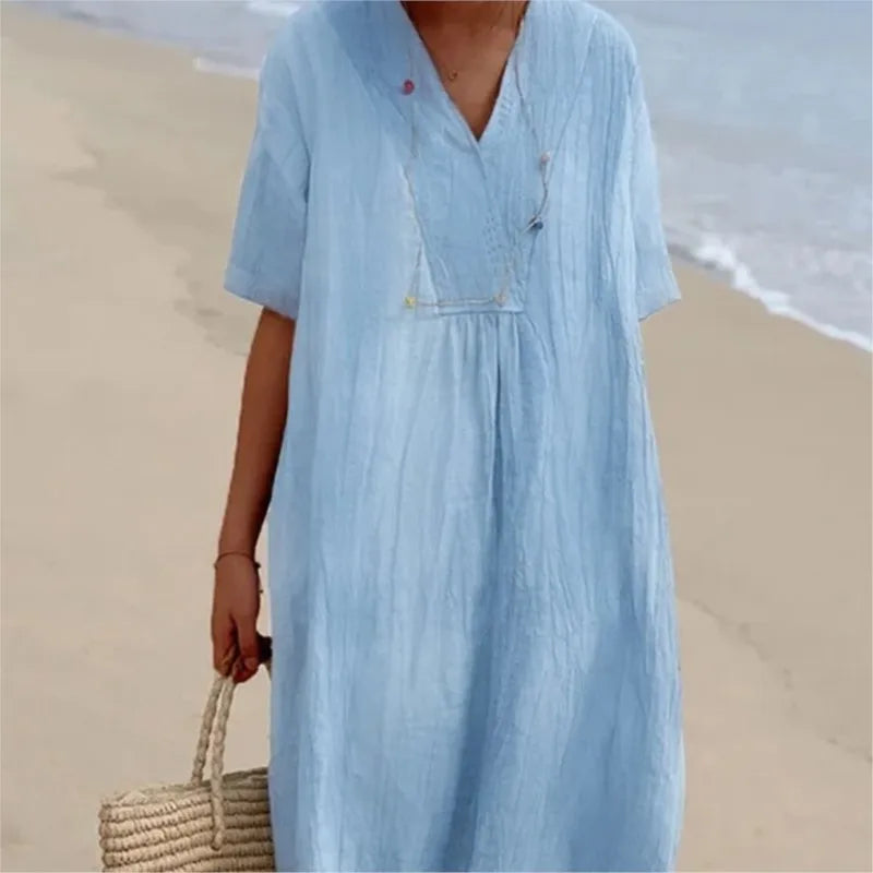 Split Neck Short Sleeve Linen Look Maxi Dress 2