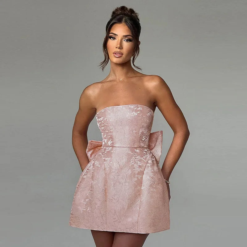 Bow Backless Jacquard A Line Mini Dress - View 8