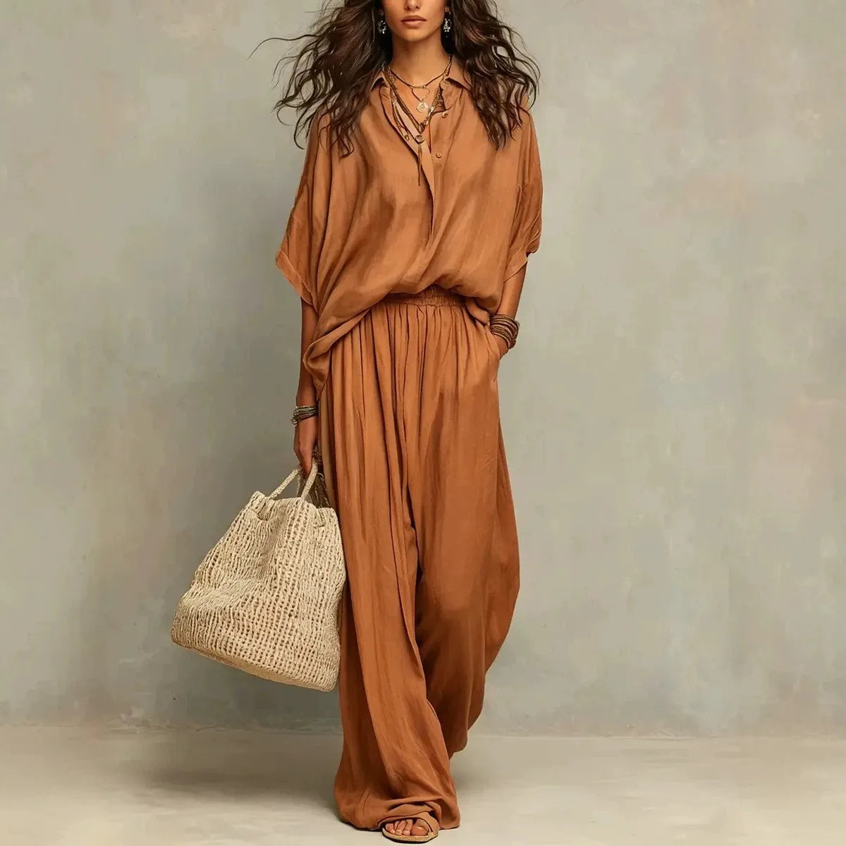 Collared Button Front Shirt and Wide Leg Pants Two Piece Set 2