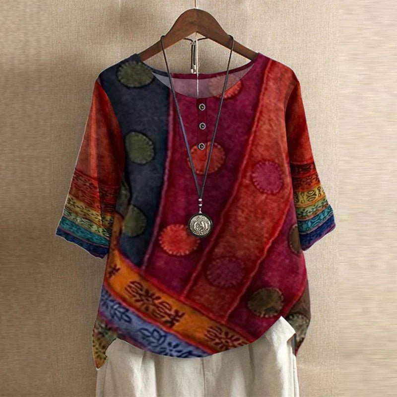 Round Neck Half Sleeve Floral Button Blouse 4