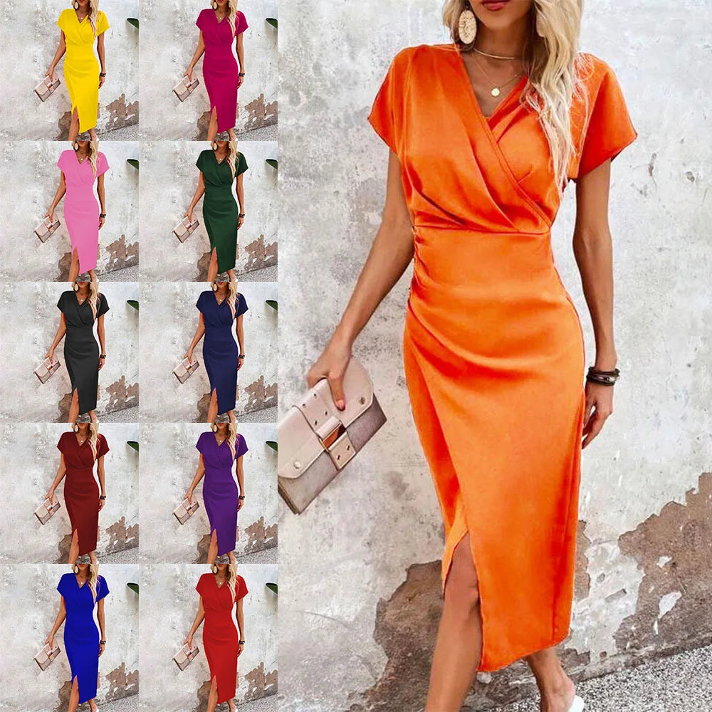 V-Neck Short Sleeve Ruched Wrap Front High Split Midi Dress