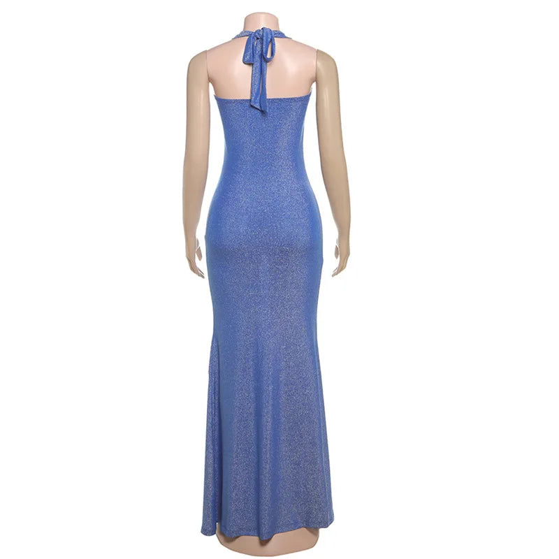 Glitter Halter Neck Backless Bodycon Mermaid Maxi Dress - View 7