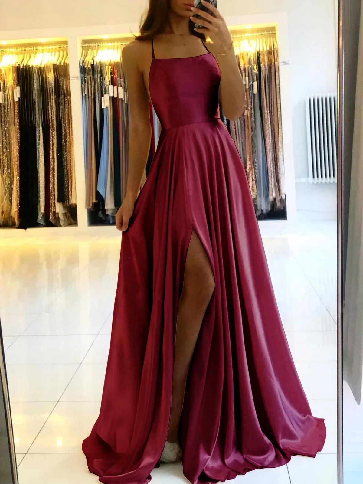 Satin Spaghetti Strap Square Neck High Split A-Line Maxi Prom Dress - View 7