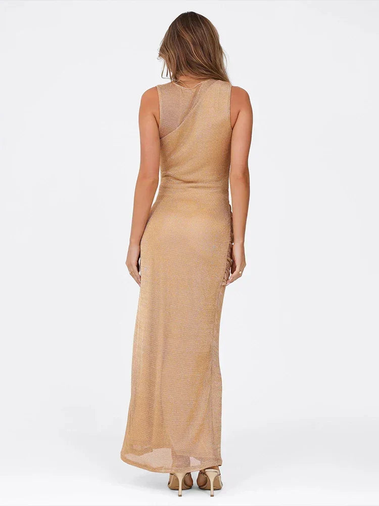 Sequin One Shoulder Cut Out Front Knot Ruched High Split Maxi Gown - View 3