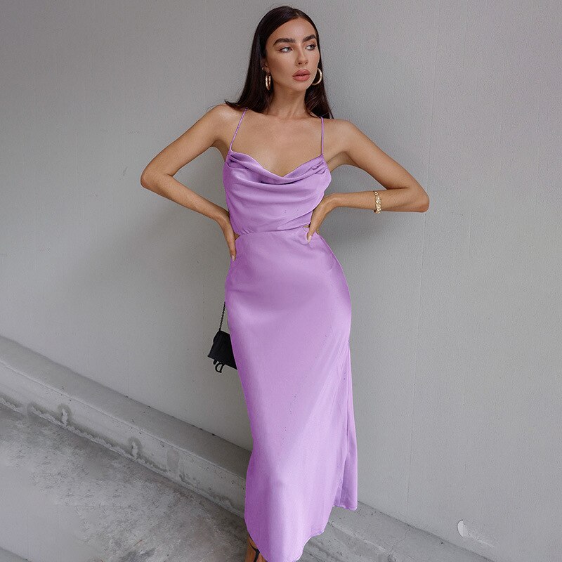Satin Cowl Neck Spaghetti Strap Cut Out Bodycon Maxi Dress - View 5