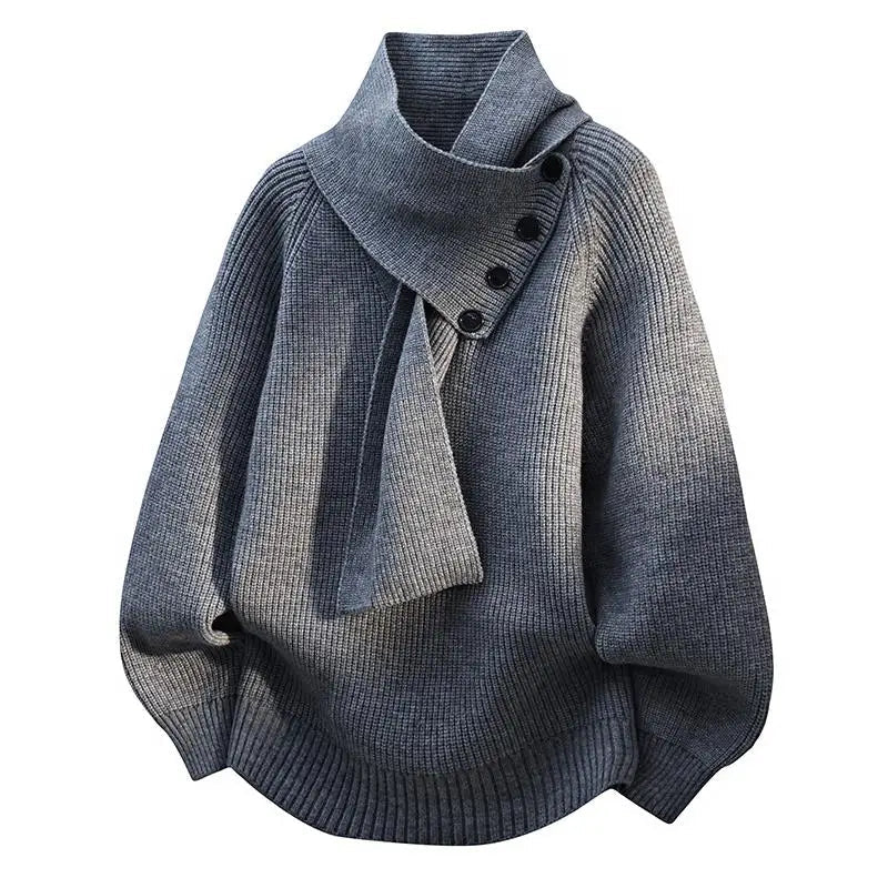 Scarf Neck Button Detail Long Sleeve Knit Sweater 2