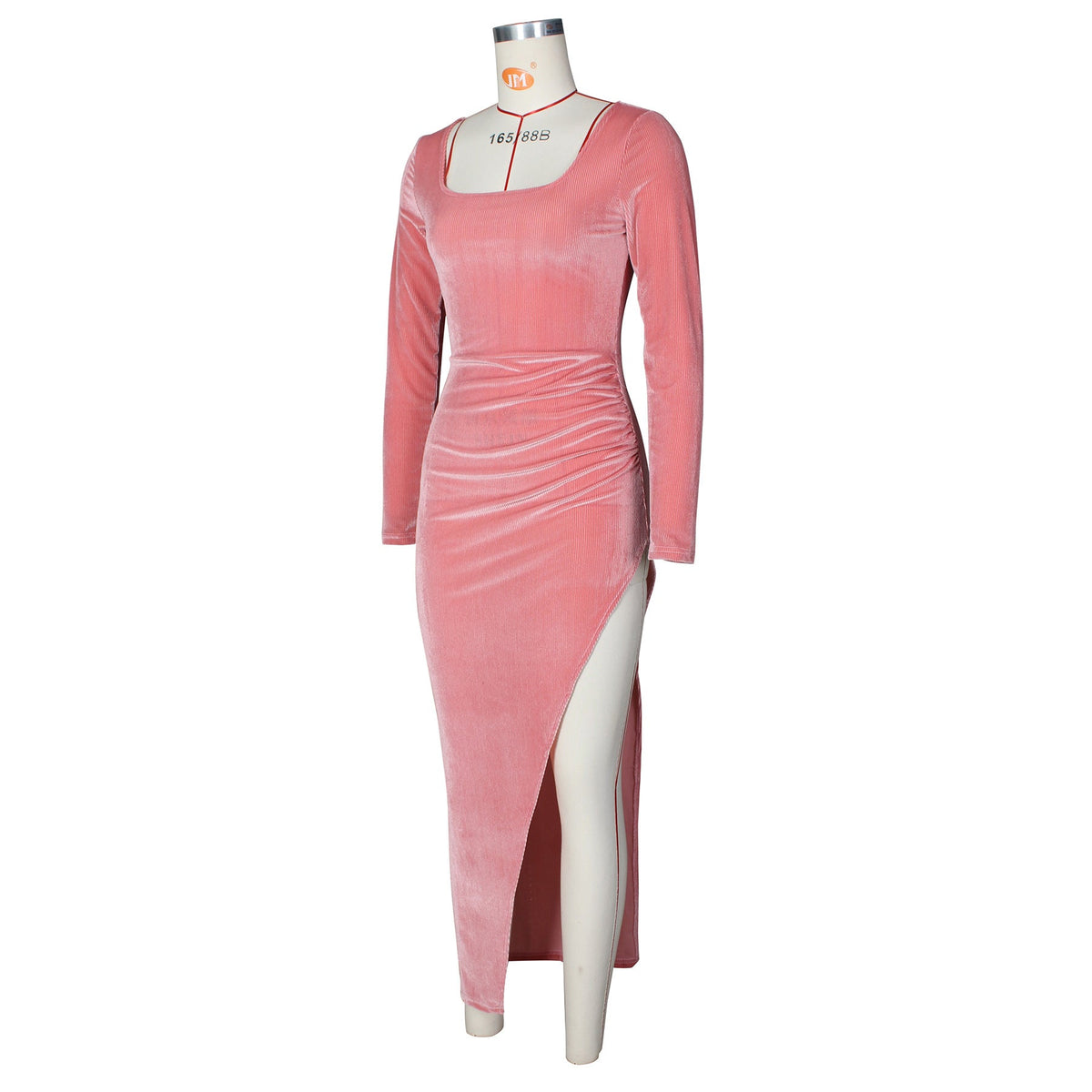 Velvet Square Neck Long Sleeve Ruched High Split Bodycon Maxi Dress 27