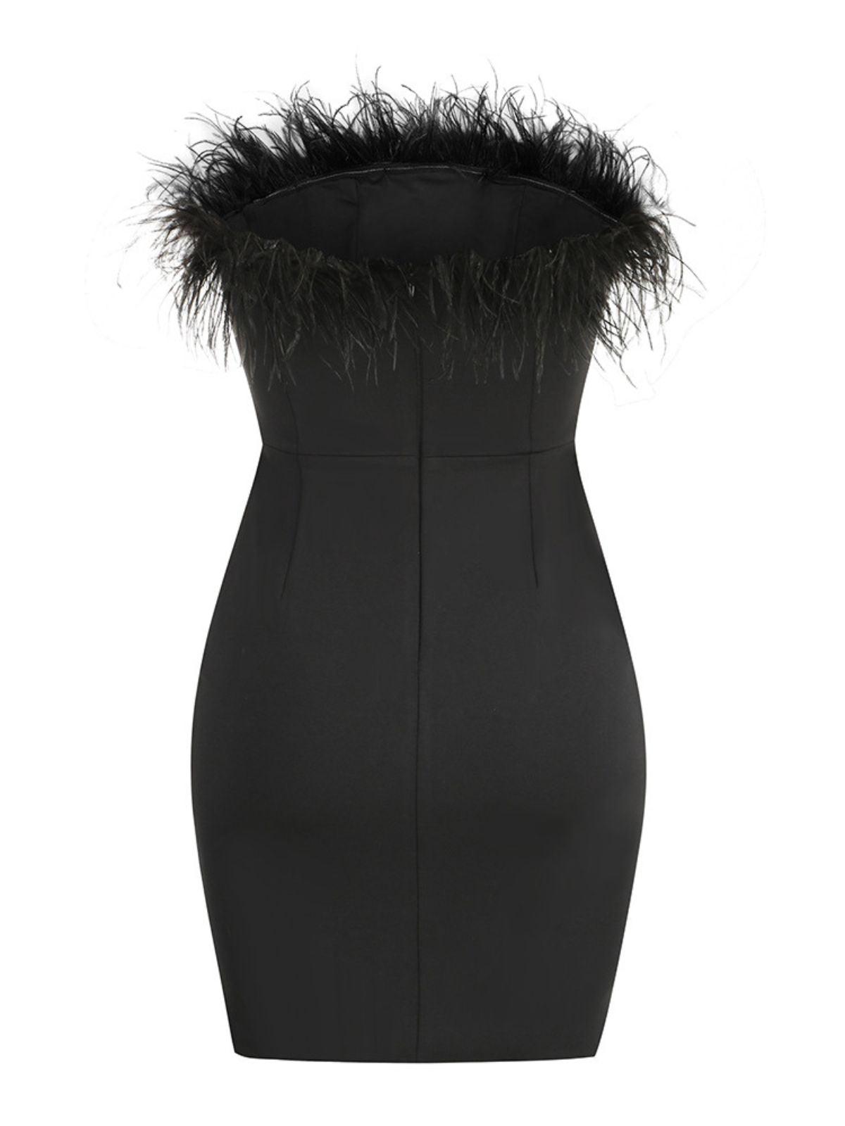 Saga Strapless Feather Trimmed Mini Dress In Black - View 7
