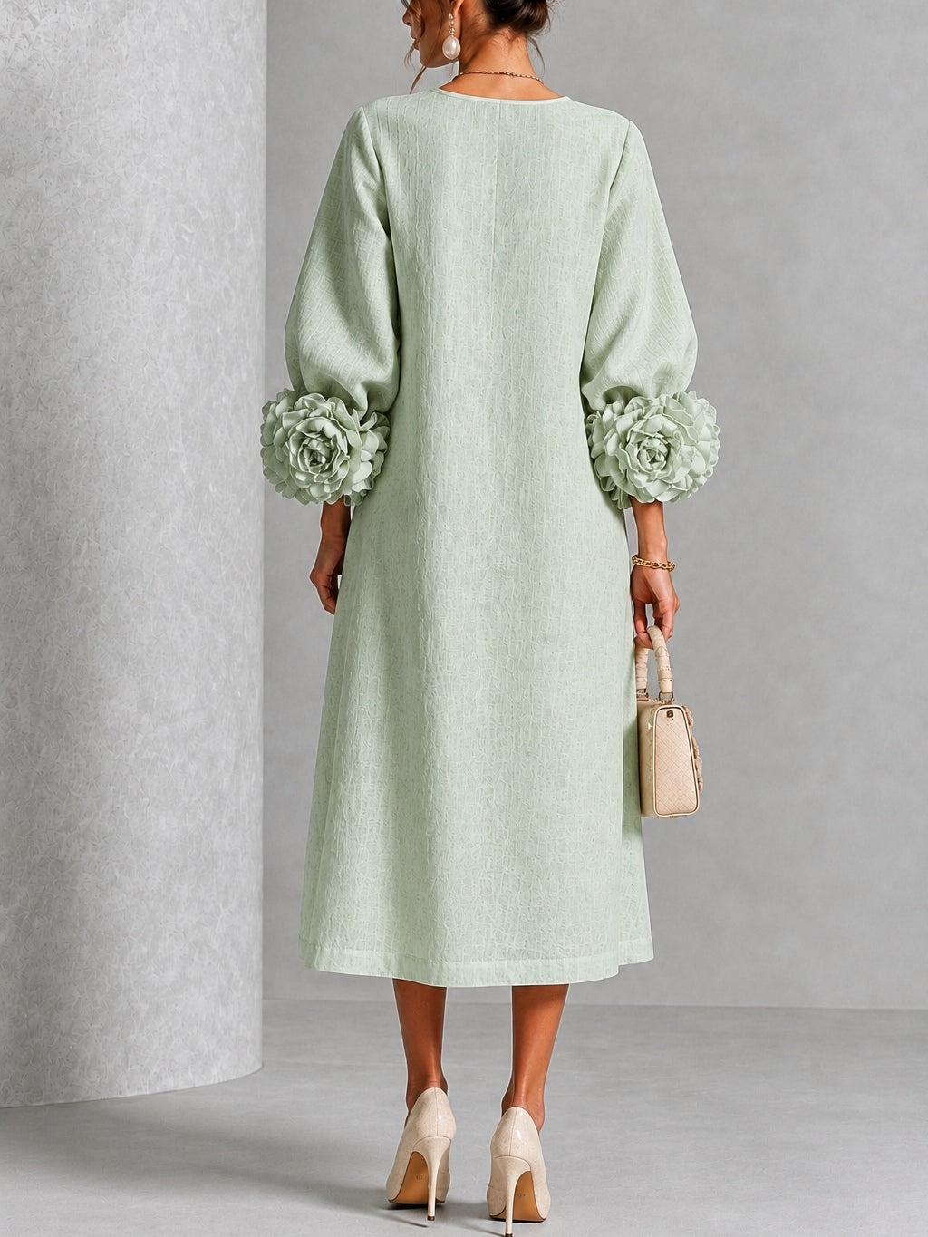 Round Neck Long Sleeve 3D Floral Cuff Button Front Maxi Dress 3