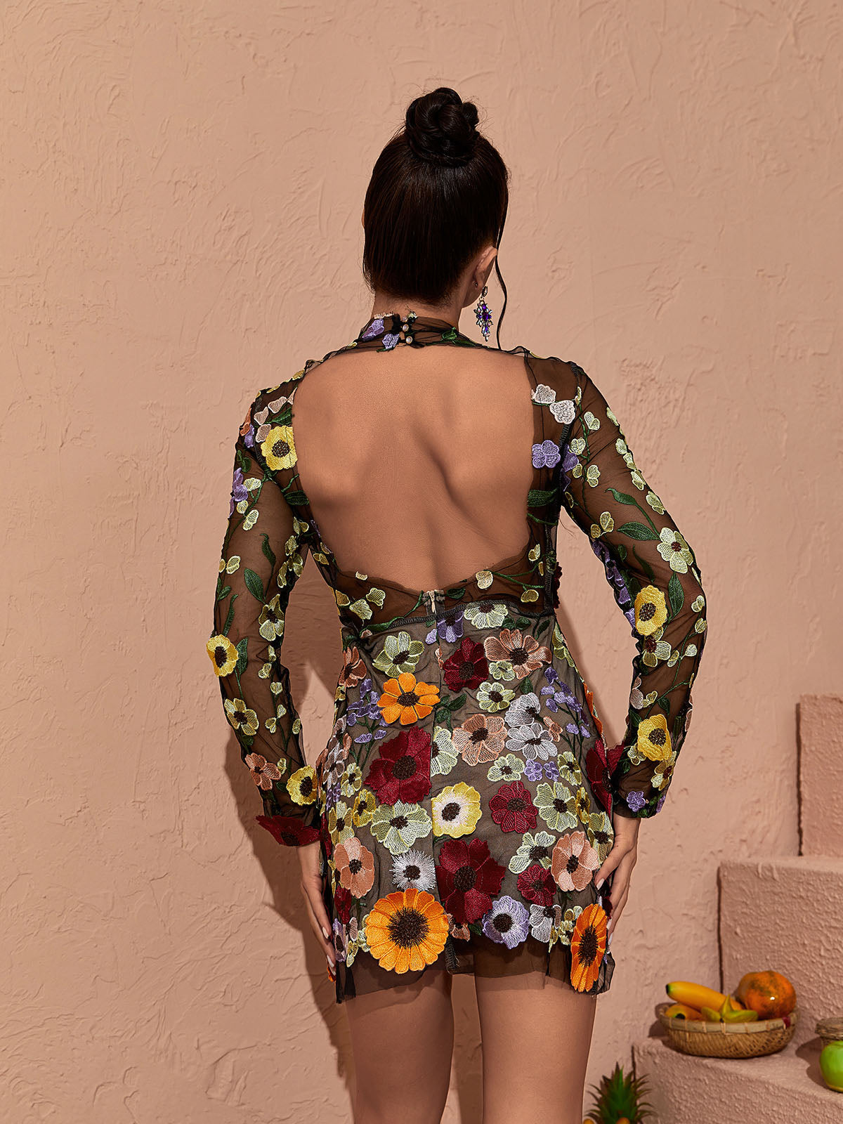 Floral Applique Mesh High Neck Long Sleeve Mini Dress - View 2