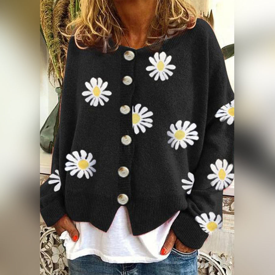 Daisy Floral Round Neck Button Front Knit Cardigan 4