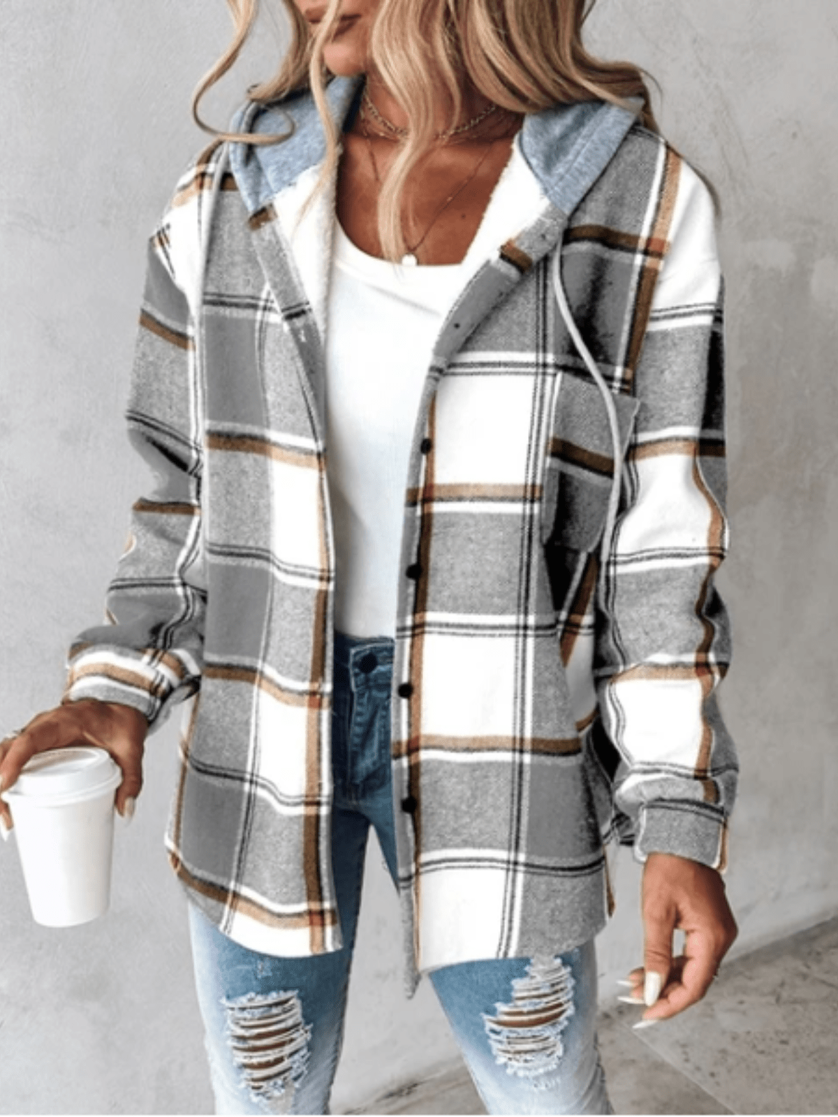 Plaid Hooded Button Front Long Sleeve Shacket 4