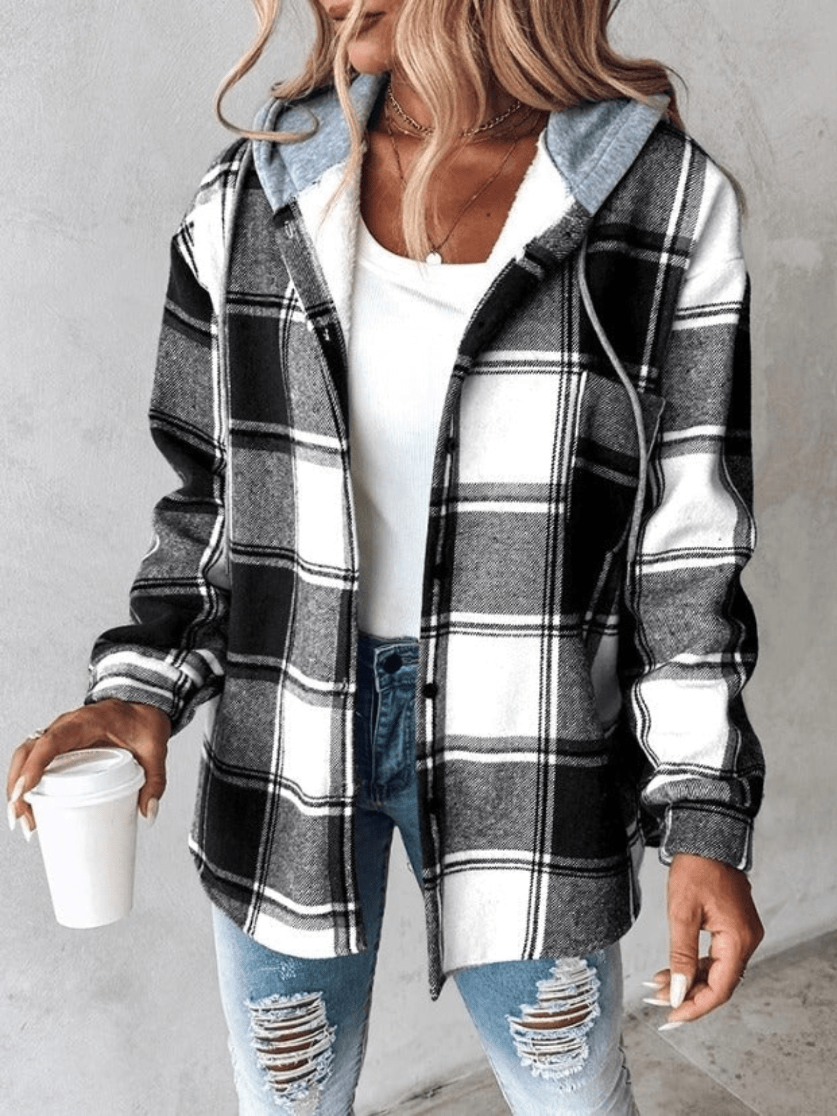 Plaid Hooded Button Front Long Sleeve Shacket 7